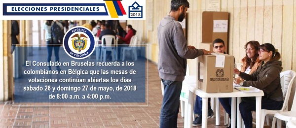 El Consulado en Bruselas recuerda a los colombianos en Bélgica que las mesas de votaciones continúan abiertas los días sábado 26 y domingo 27 de mayo, de 2018 de 8:00 a.m. a 4:00 p.m.