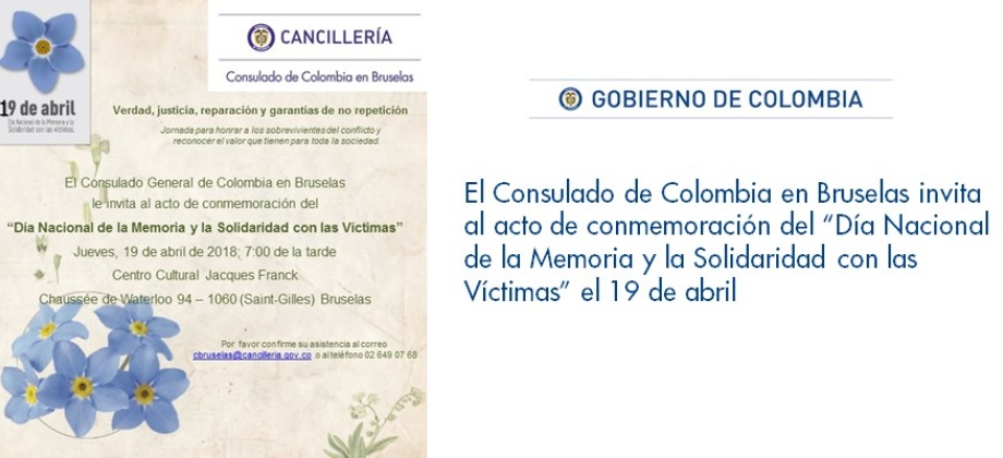 Consulado de Colombia en Bruselas invita al acto de conmemoración del “Día Nacional de la Memoria y la Solidaridad con las Víctimas” el 19 de abril