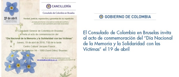 Consulado de Colombia en Bruselas invita al acto de conmemoración del “Día Nacional de la Memoria y la Solidaridad con las Víctimas” el 19 de abril