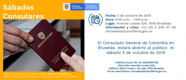 El Consulado General de Colombia en Bruselas realizará una jornada de Sábado Consular el 5 de octubre de 2019